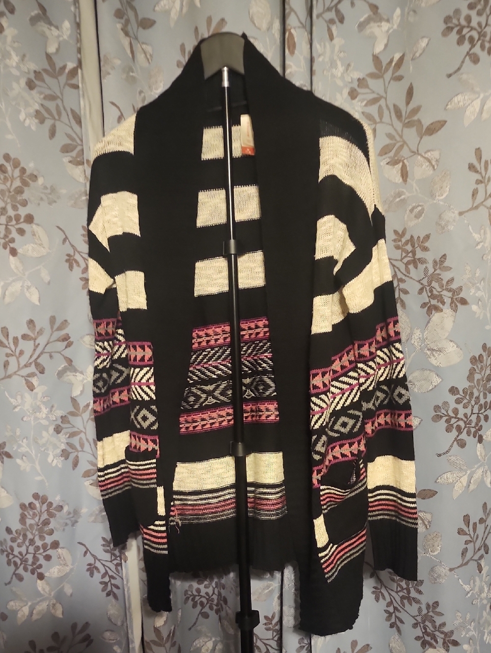 No Boundaries Black Cardigan with Cream Stripes and Pink Tag